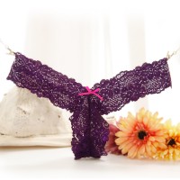 Pure lace sexy underwear female bow low waist no trace Ms. underwear temptation thong transparent T pants (purple)